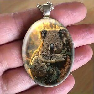 Silver Oval Shaped KOALA BEAR Pendant Necklace